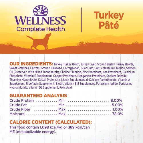 <p>Turkey, Turkey Broth, Turkey Liver, Ground Barley, Turkey Heart, Sweet Potatoes, Carrots, Ground Flaxseed, Carrageenan, Dried Plain Beet Pulp, Fish Oil (Preserved With Mixed Tocopherols), Guar Gum, Salt, Potassium Chloride, Dried Chicory Root, Dicalcium Phosphate, Sunflower Oil, Choline Chloride, Zinc Proteinate, Iron Proteinate, Vitamin E Supplement, Copper Proteinate, Cobalt Proteinate, Manganese Proteinate, Sodium Selenite, Thiamine Mononitrate, Niacin Supplement, d-Calcium Pantothenate, Vitamin A Supplement, Riboflavin Supplement, Biotin, Vitamin B12 Supplement, Potassium Iodide, Pyridoxine Hydrochloride, Vitamin D3 Supplement, Folic Acid.</p>
