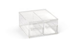 Cubic modular display bin with three ⅓-size drawers and black frame