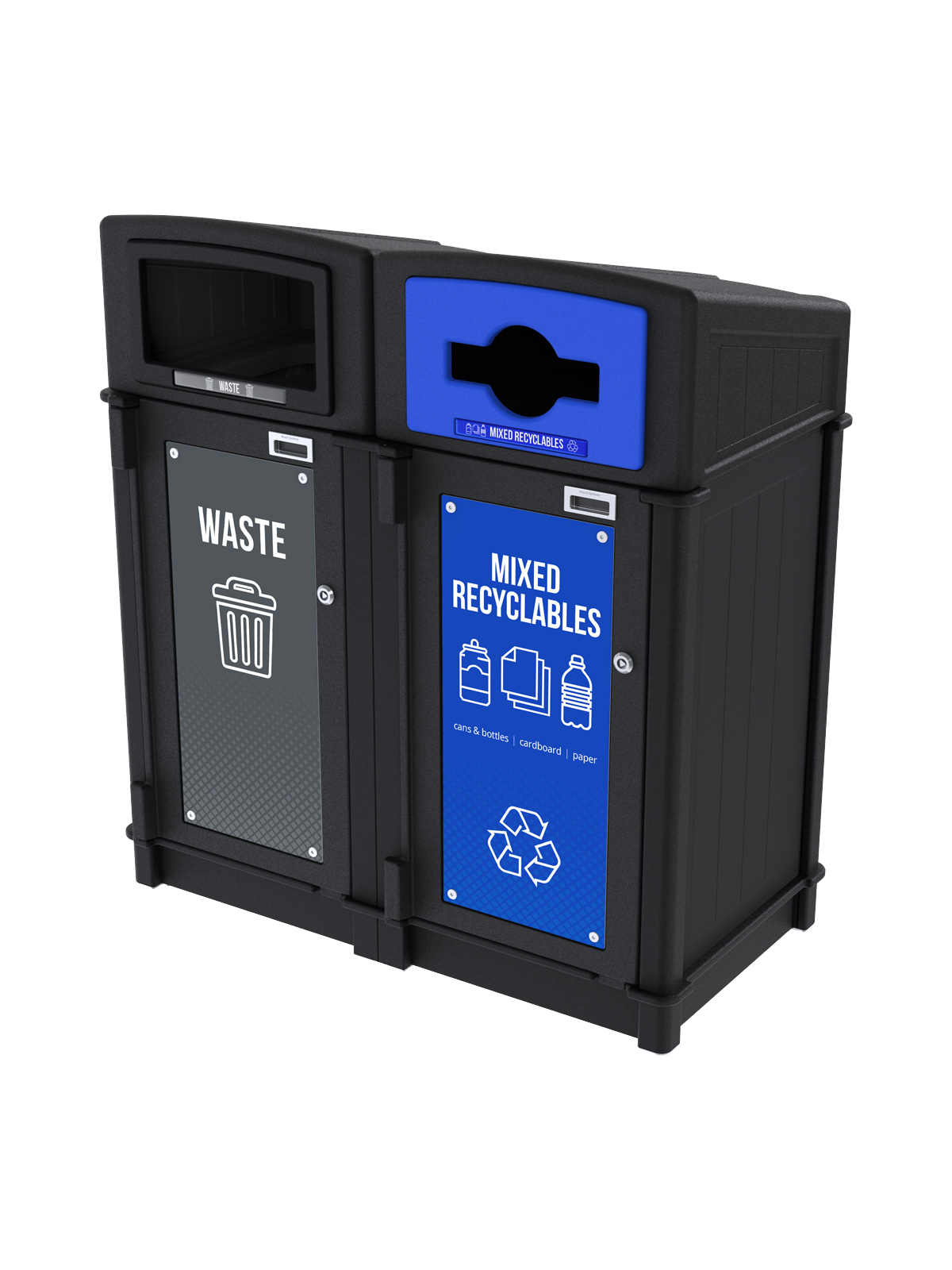black recycled plastic double waste and recycling container with sloped canopy lids for collecting waste and recycling outdoors shown with stock door signs and labels