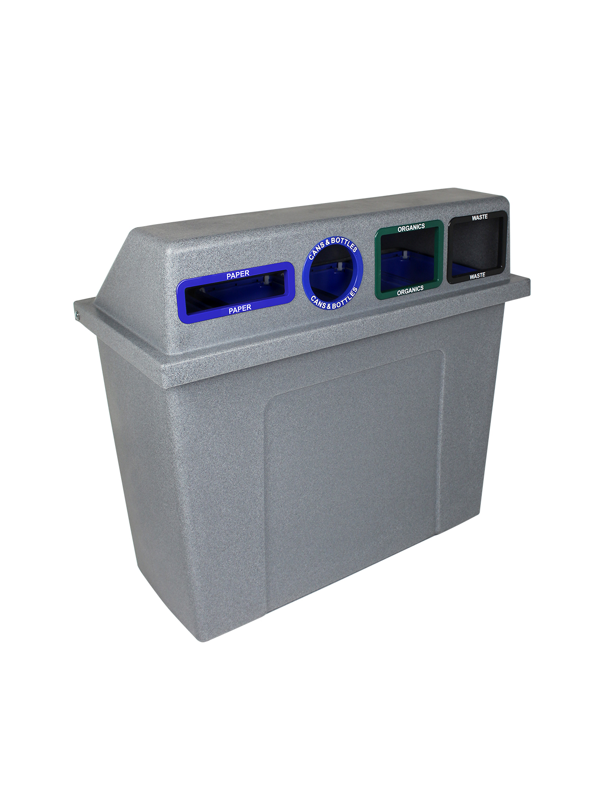 Busch Systems Greystone Super Sorter quad stream container with openings for paper, cans and bottles, organics and waste