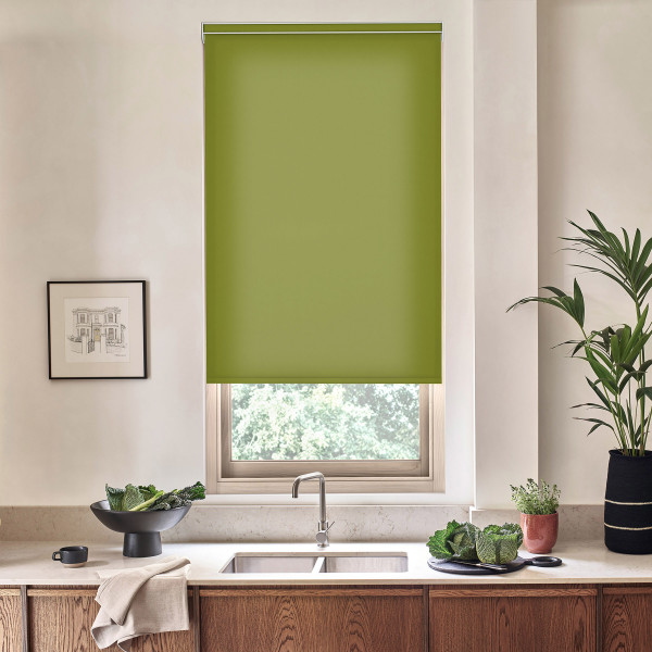Green roller blind covers kitchen window, blocking light; stainless faucet and sink sit below on stone countertop with wooden cabinets, potted plants, bowl of greens, framed sketch.
