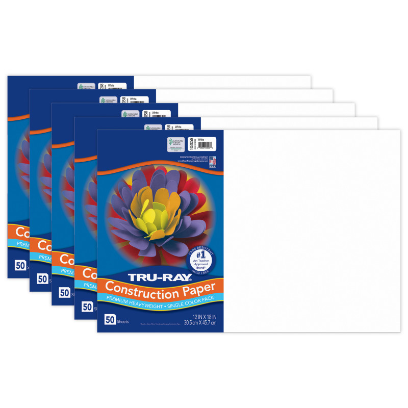Construction Paper, Heavyweight, White, 12" x 18", 50 Sheets Per Pack, 5 Packs