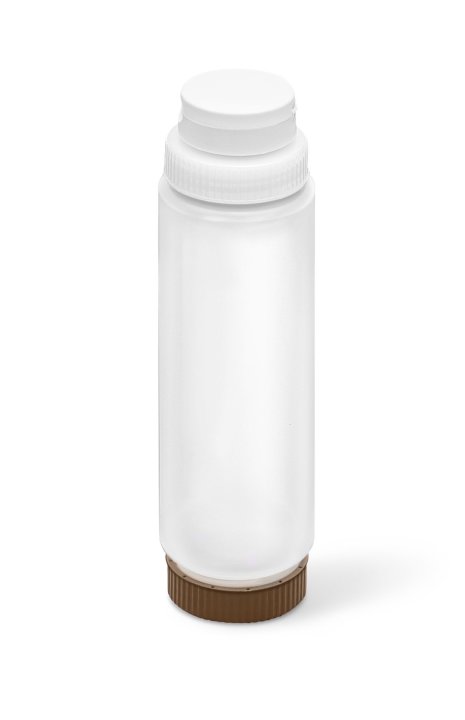 24-ounce Traex® FIFO clear squeeze dispenser with white FlowCut™ cap and brown base cap