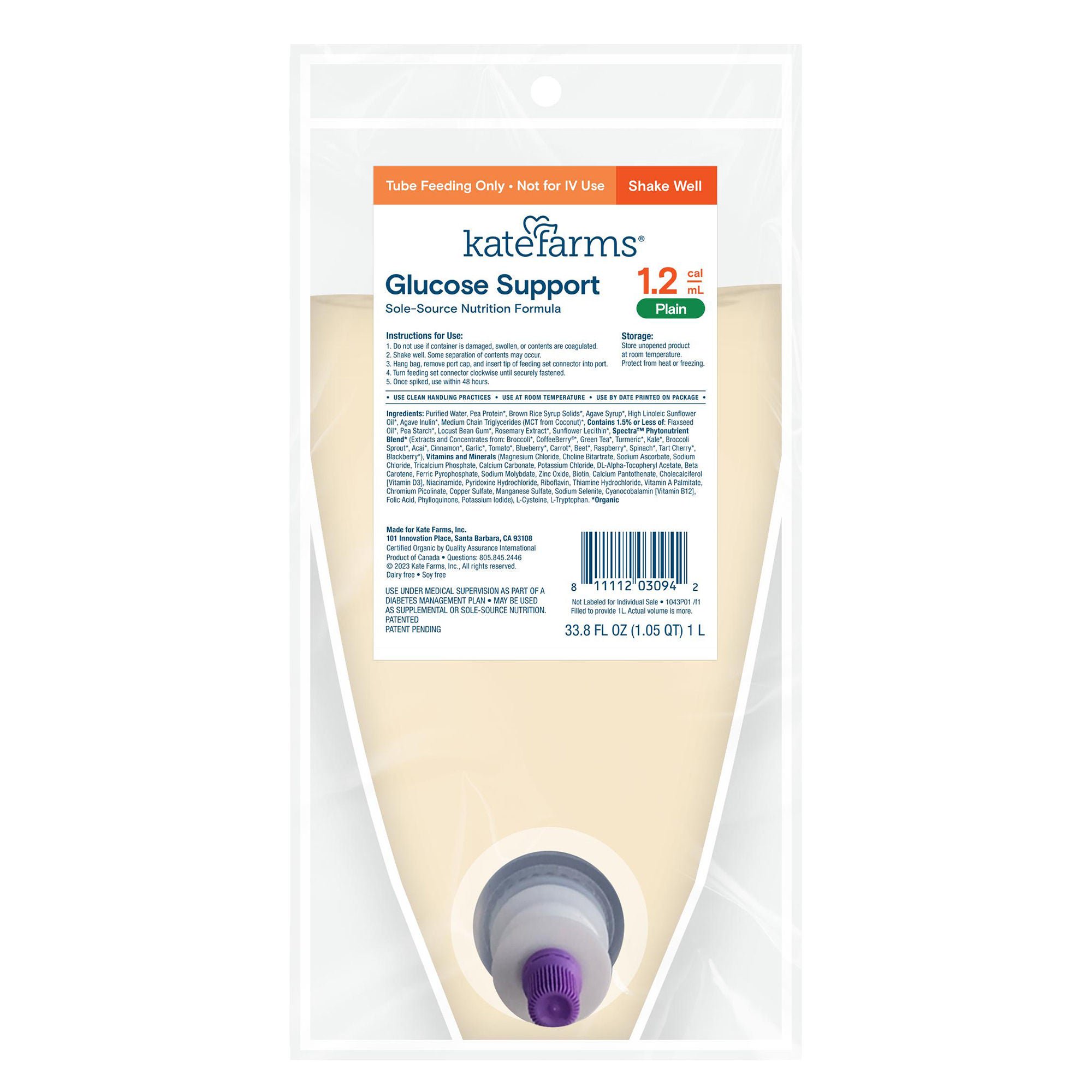 Kate Farms FORMULA, GLUCOSE SUPP CLSD SYS1.2 PLAIN 1000ML (6/CS)