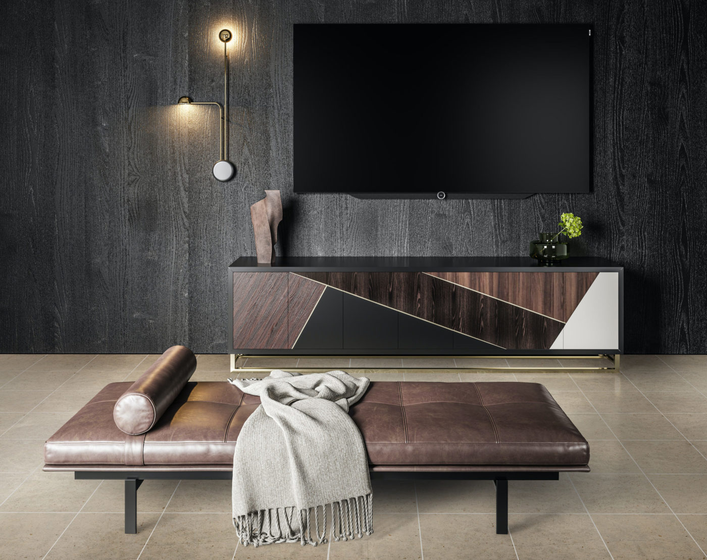 a black and brown living room with a tv.