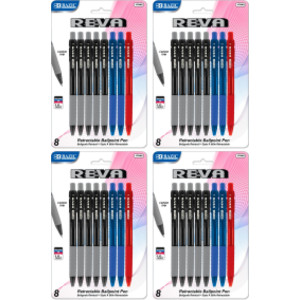Reva Retractable Pens, 1.0 mm Medium Tip, Assorted Ink Colors, 4 Packs of 8