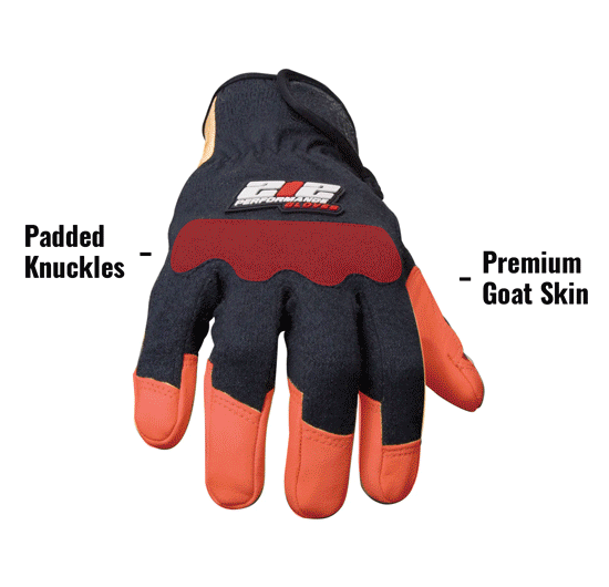 GSA Compliant Fire Resistant Premium Leather Fabricator Gloves in Black and Tan FRGGSA-05 showing Padded Knuckles and Premium Goat Skin