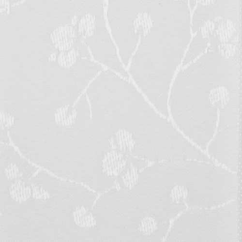 White jacquard curtain fabric with subtle raised vine-and-berry motif, hanging flat and filtering light; close-up shows woven texture and delicate embroidered appearance in a neutral, softly lit interior.