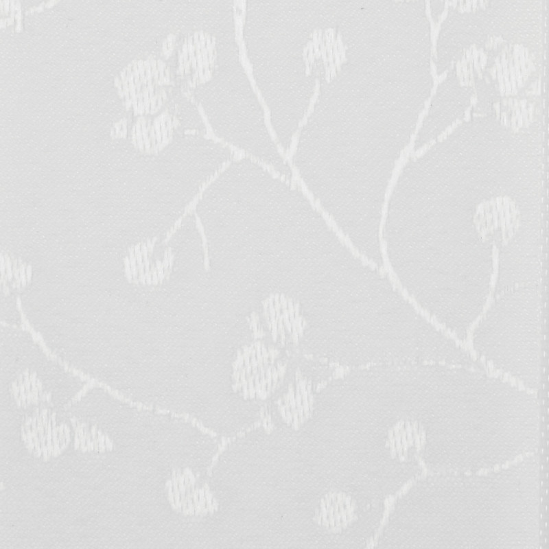 White jacquard curtain fabric with subtle raised vine-and-berry motif, hanging flat and filtering light; close-up shows woven texture and delicate embroidered appearance in a neutral, softly lit interior.