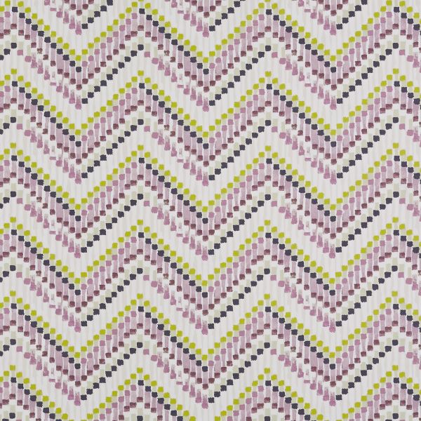 Chevron-patterned fabric of painted brushstrokes in lavender, olive, and black; staggered V rows repeat across a flat, evenly lit surface, resembling a wallpaper or upholstery sample.