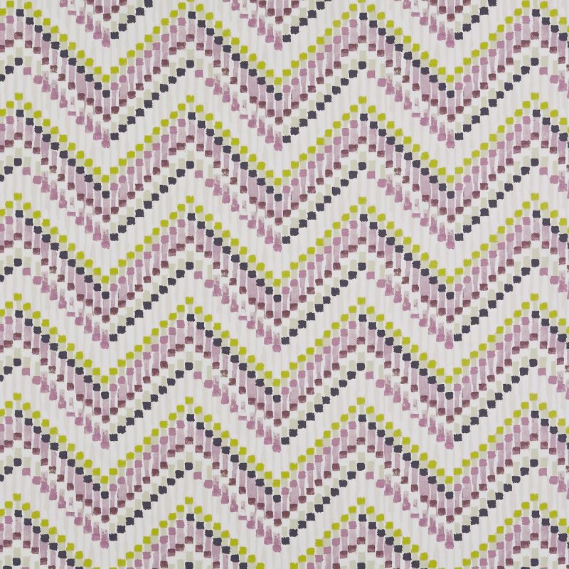 Chevron-patterned fabric of painted brushstrokes in lavender, olive, and black; staggered V rows repeat across a flat, evenly lit surface, resembling a wallpaper or upholstery sample.