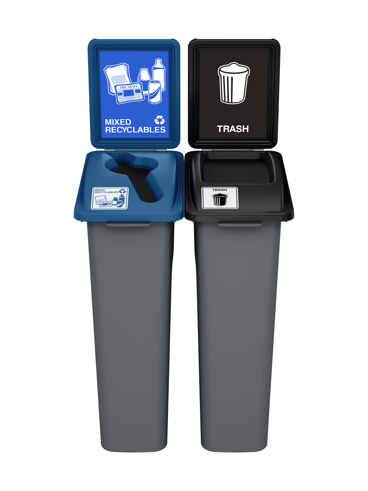 WASTE WATCHER – Double – Kit – Mixed Recyclables-Trash – Mixed-Full – Grey PCR-Blue PCR-Black PCR
