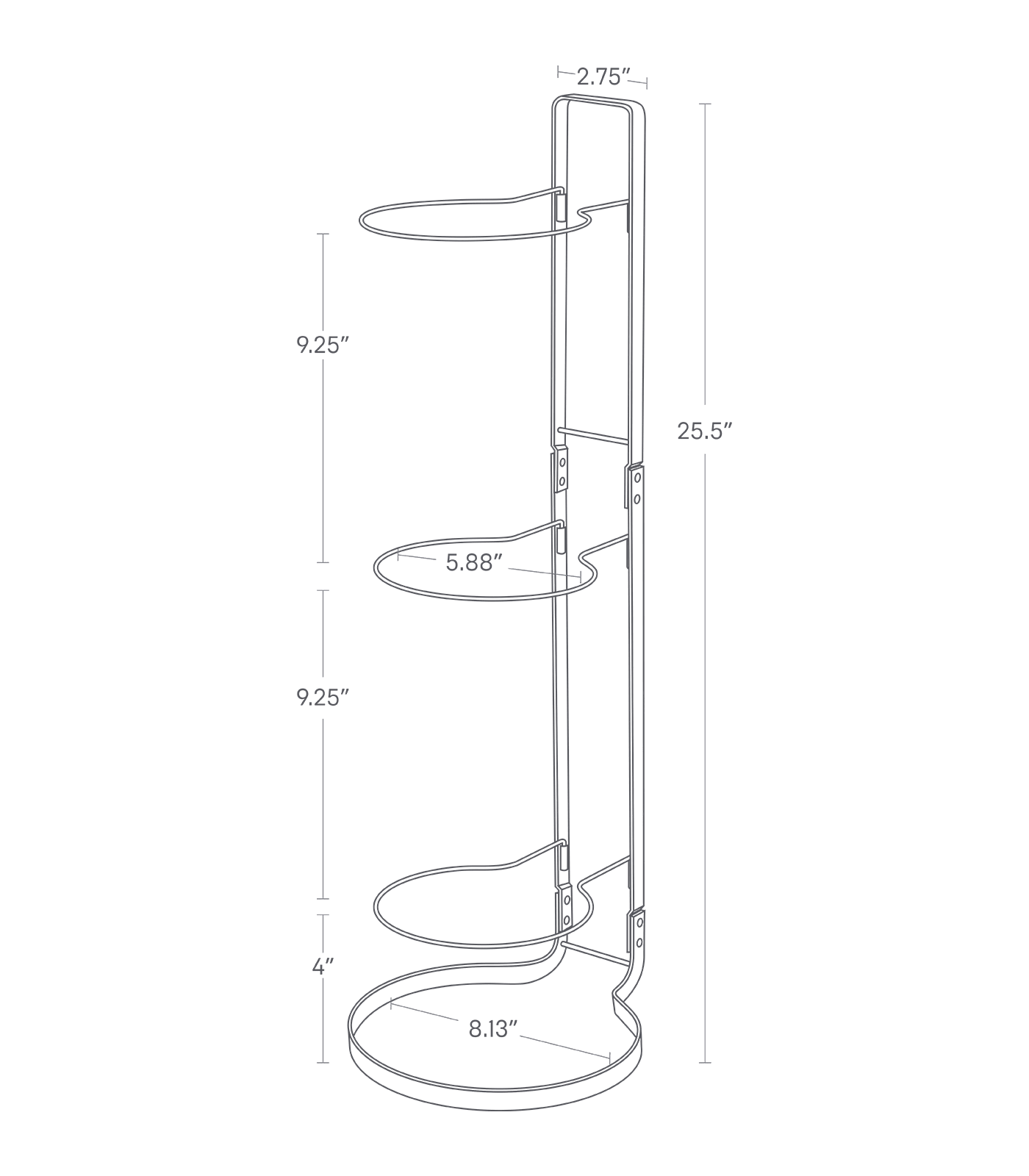 Dimension image of Sports Ball Stand with a height of 25.5 inches, and base diameter of 8.13 inches. The first tier is 4 inches off the floor, and the three tiers are each spaced 9.25 inches apart. The back of the stand is 2.75 inches wide.