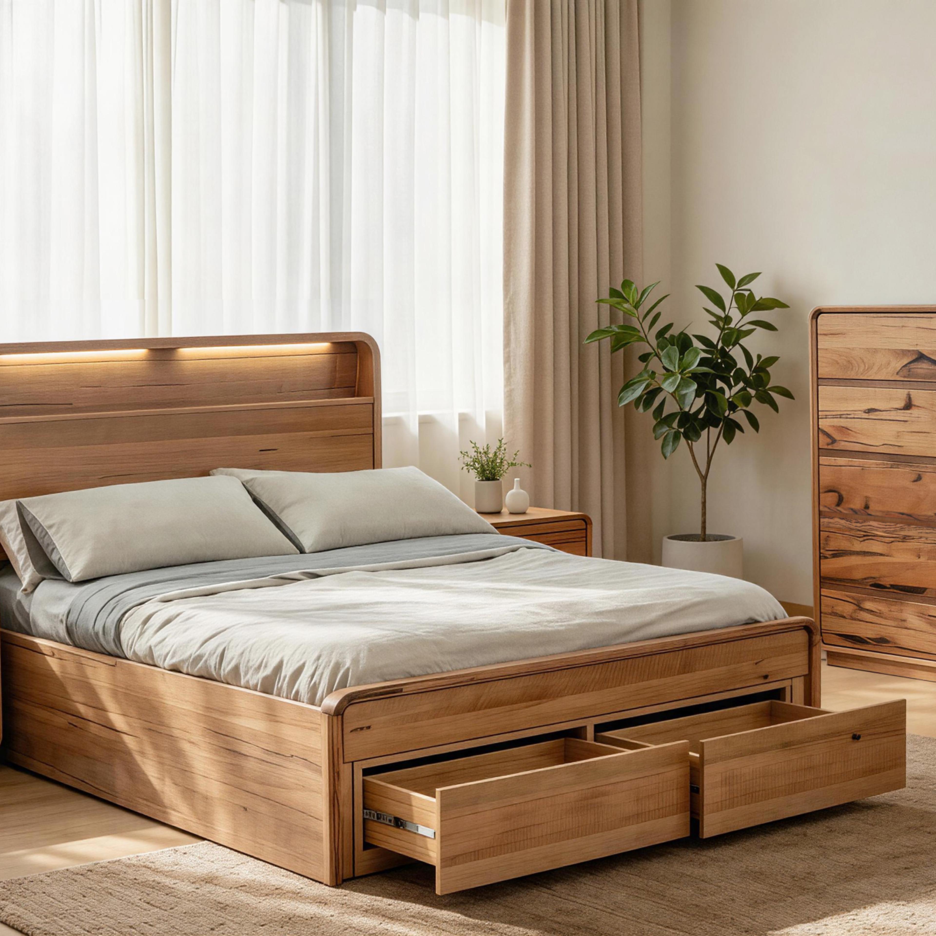 Lifestyle image of the  Macquarie Bed Frame, W/ Bookend Headboard & Gas Lift & Footend Drawers Base, Natural from Forty Winks