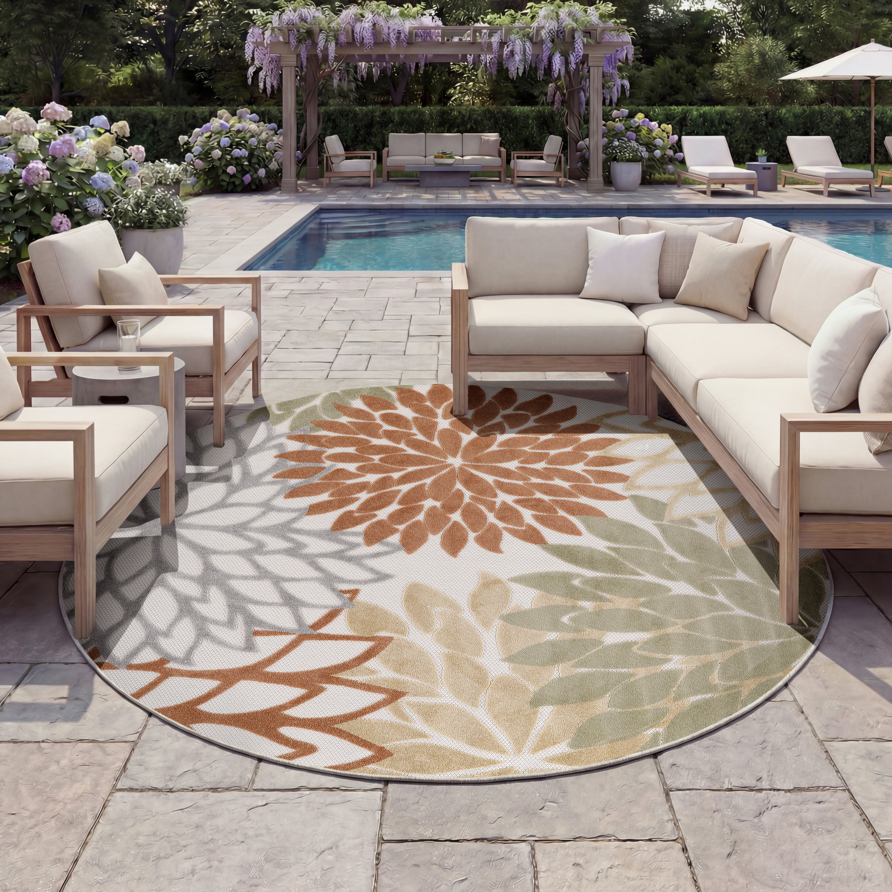 Nourison Aloha 7'10" x Round Ivory Multicolor Outdoor Rug