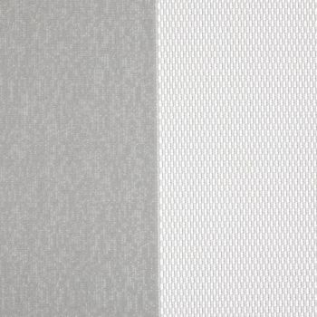 Two curtain panels—left opaque gray, right white sheer with small rectangular mesh—hang side-by-side, the sheer diffusing light while the opaque blocks it; close-up interior view.