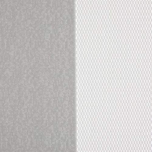 Two curtain panelsâ€”left opaque gray, right white sheer with small rectangular meshâ€”hang side-by-side, the sheer diffusing light while the opaque blocks it; close-up interior view.