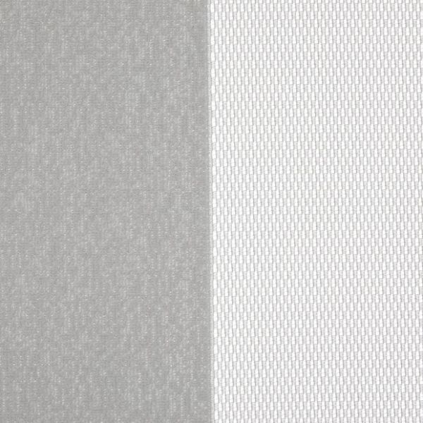 Two curtain panels—left opaque gray, right white sheer with small rectangular mesh—hang side-by-side, the sheer diffusing light while the opaque blocks it; close-up interior view.