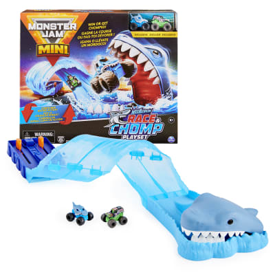 Monster Jam, Mini Megalodon Race and Chomp Playset with 2 Monster Jam Mini Trucks, 1:87 Scale, Kids Toys for Boys and Girls Ages 4 -6+