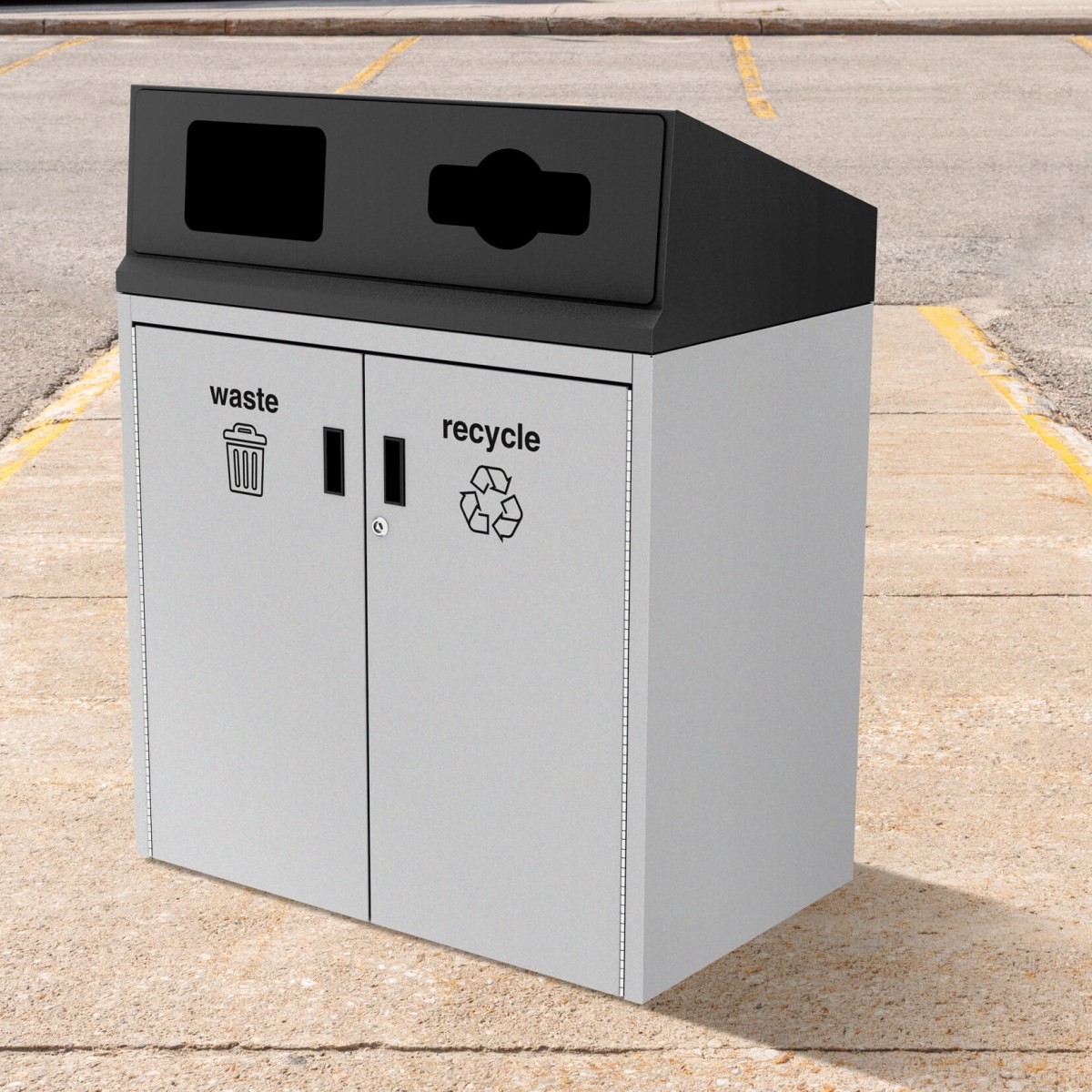 grey and black metal waste and recycling container in a parking lot