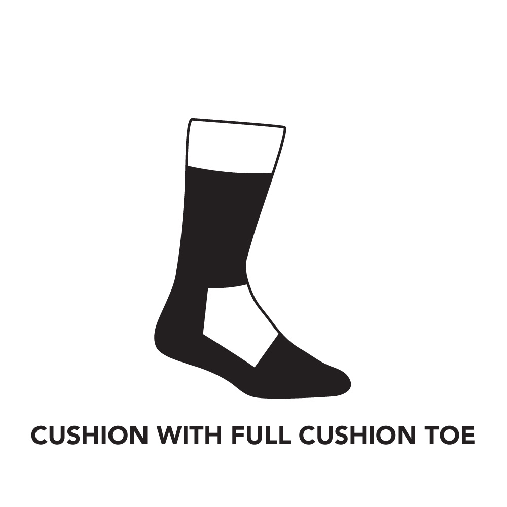 Cushion diagram showing cushion is underfoot, throughout toe, and around the calf