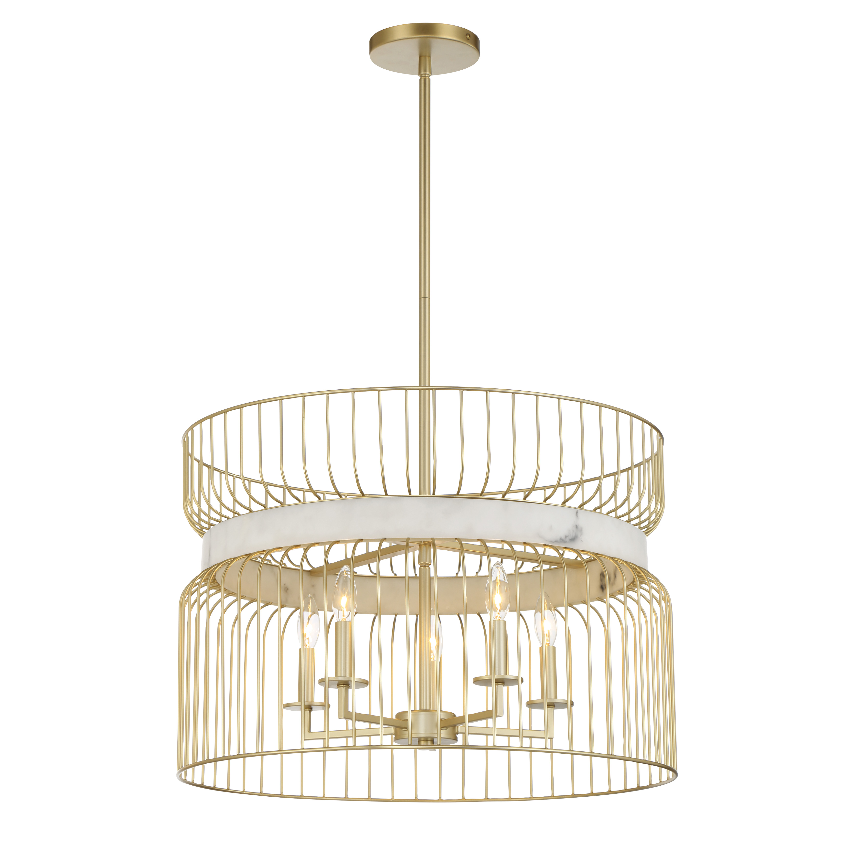 Robin Baron's Park Slope pendant combines luxurious Nouveau Gold finish with soft faux alabaster shades, creating sophisticated ambient lighting. The 5-light configuration provides ample illumination while the 25-inch width makes it versatile for various spaces. - alternate view