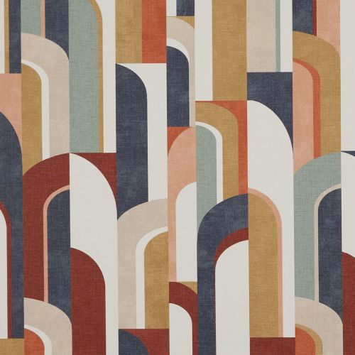 Textured, multicolored vertical arched panels (wallpaper-like) overlapping and stacking, creating layered rounded corridors; muted navy, rust, mustard, sage, and cream palette in a mid-century modern decorative pattern.
