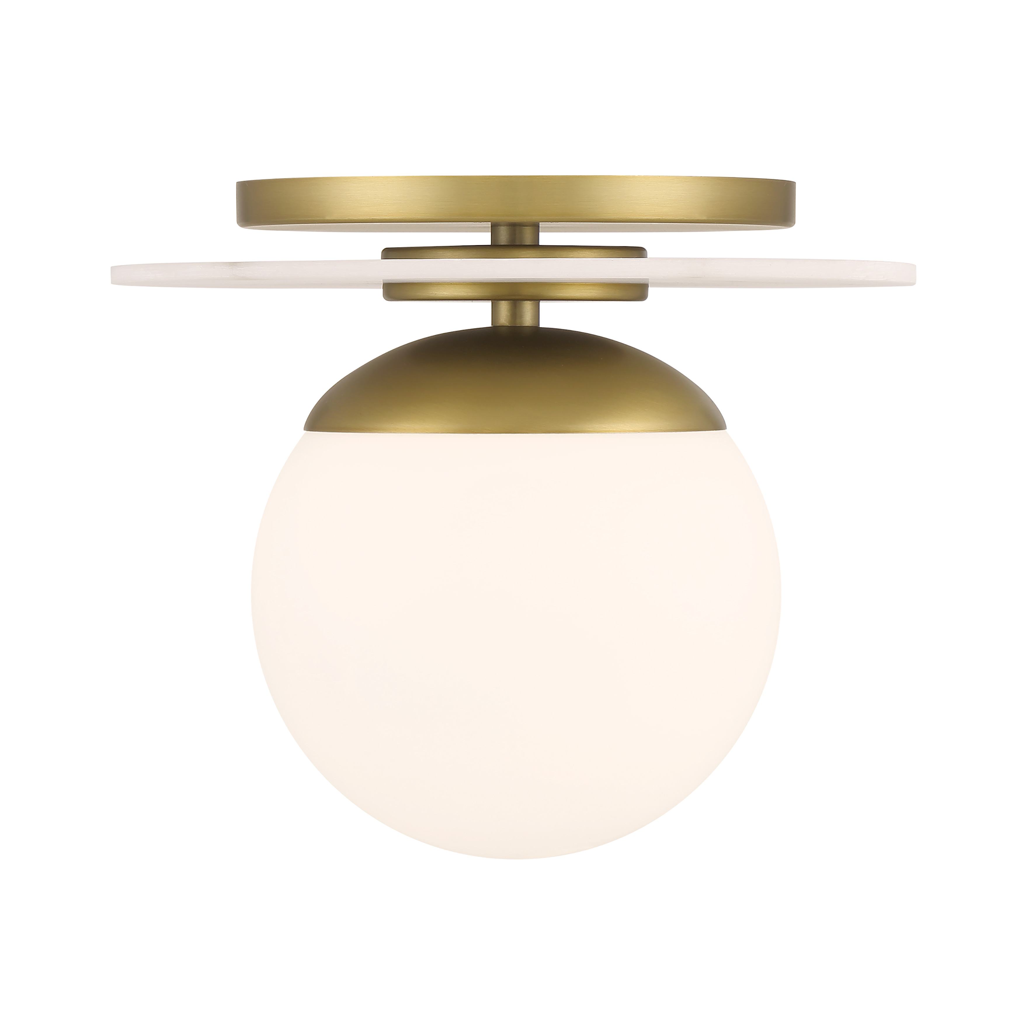 The Orban semi-flush mount combines contemporary styling with timeless brass warmth. Its compact 9-inch profile and etched opal glass create soft, ambient lighting perfect for smaller spaces with lower ceilings. - alternate view