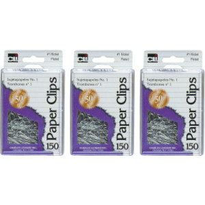 Paper Clips, Size #1, Pack of 150, Silver, 3 Packs