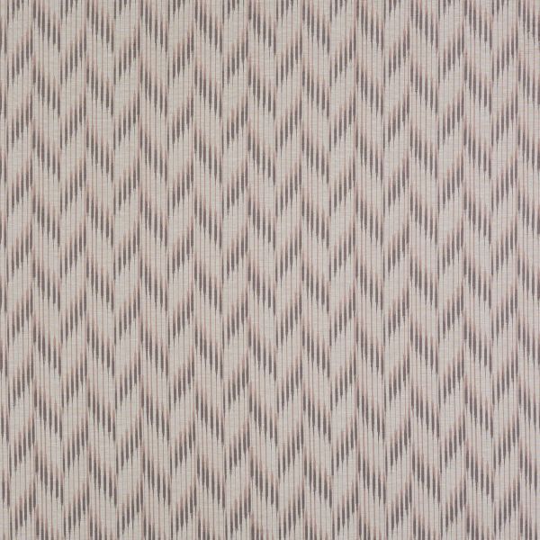 Patterned wallpaper of vertical brushstroke chevrons in muted beige and taupe — repeating across the surface — close-up flat wall or fabric sample under neutral lighting.