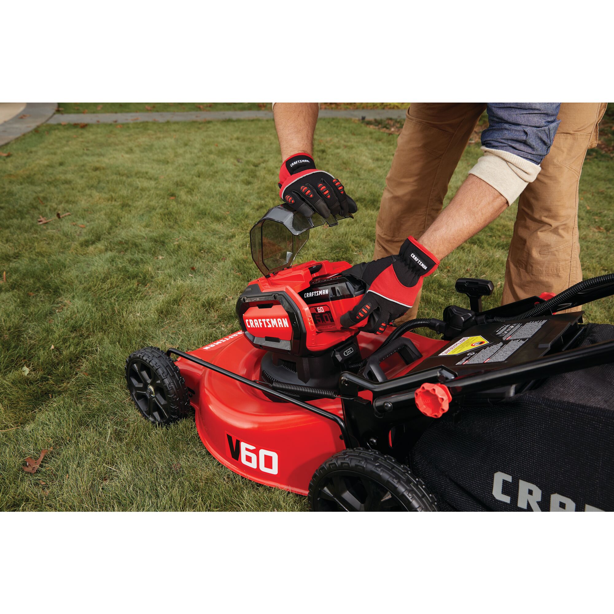 60 volt battery feature of cordless 21 inch 3 in 1 lawn mower kit 5 amp hour.