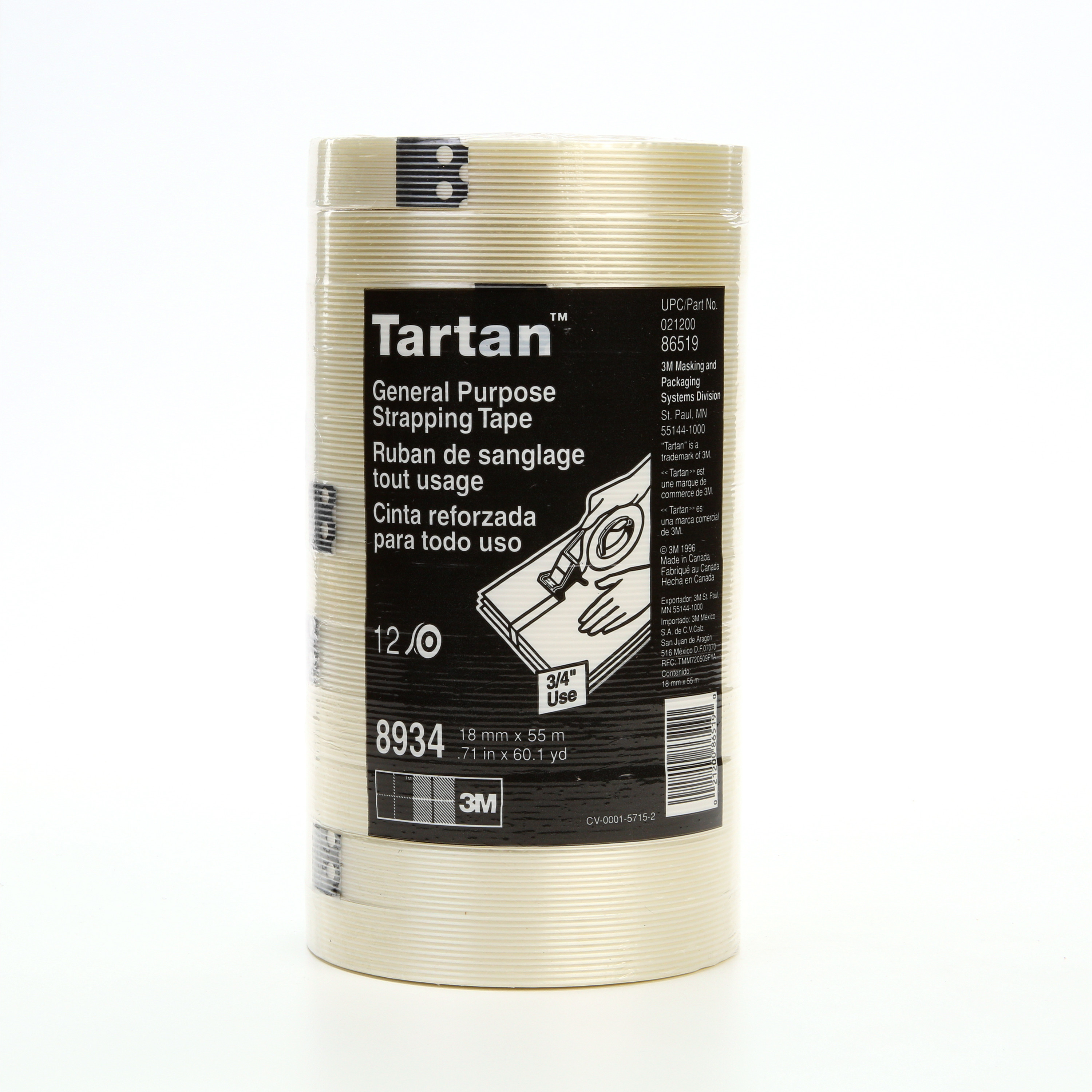 Tartan™ Filament Tape 8934, Clear, 18 mm x 55 m, 4 mil, 48 rolls per
case