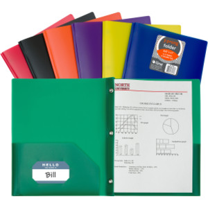 Two-Pocket Heavyweight Poly Portfolio Folder with Prongs, Assorted Primary Colors, Pack of 36