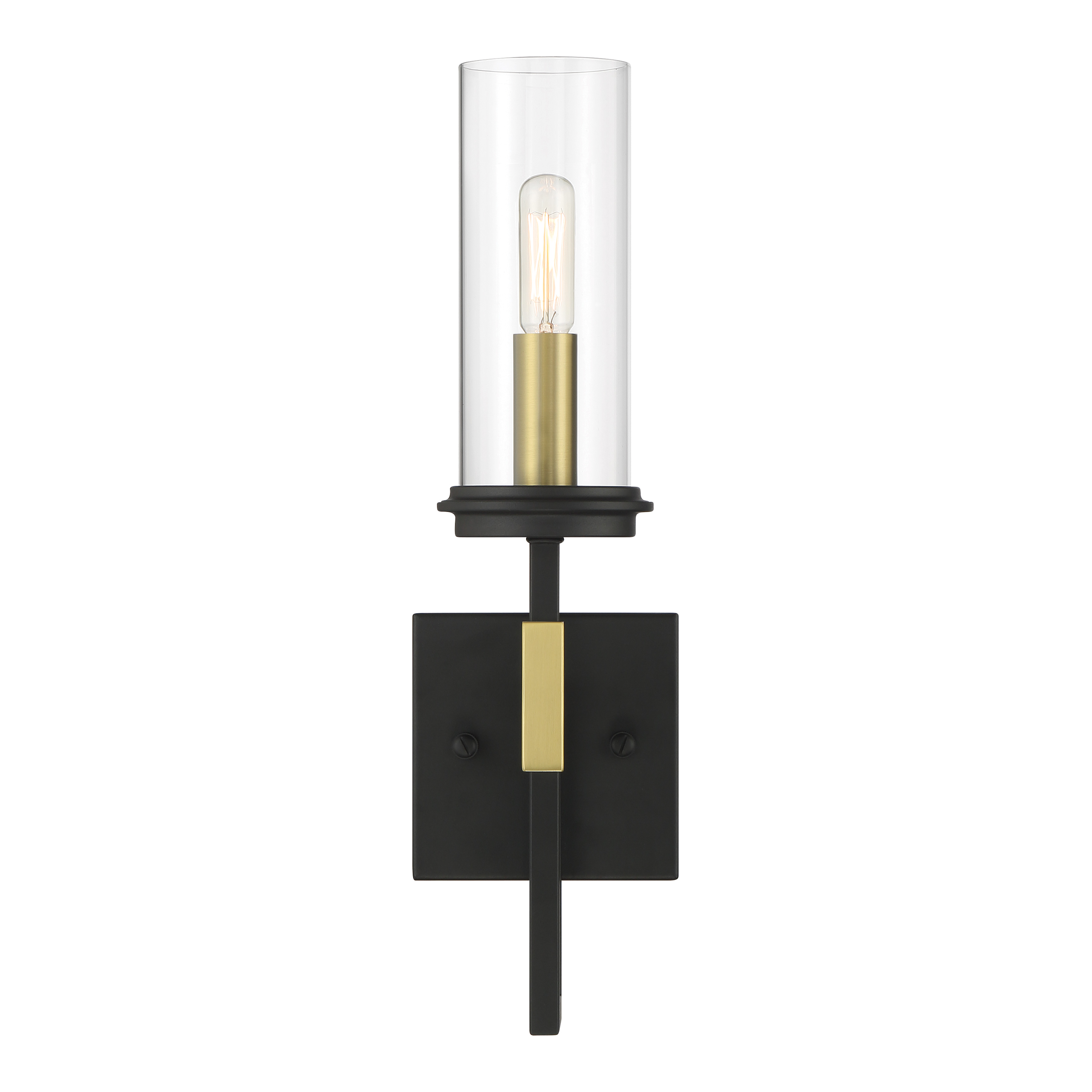 The Hillstone wall sconce combines modern sophistication with industrial charm through its two-tone Sand Coal and Soft Brass finish. The clear glass shade showcases the bulb while the compact 16.5" profile fits beautifully in tight spaces. - alternate view