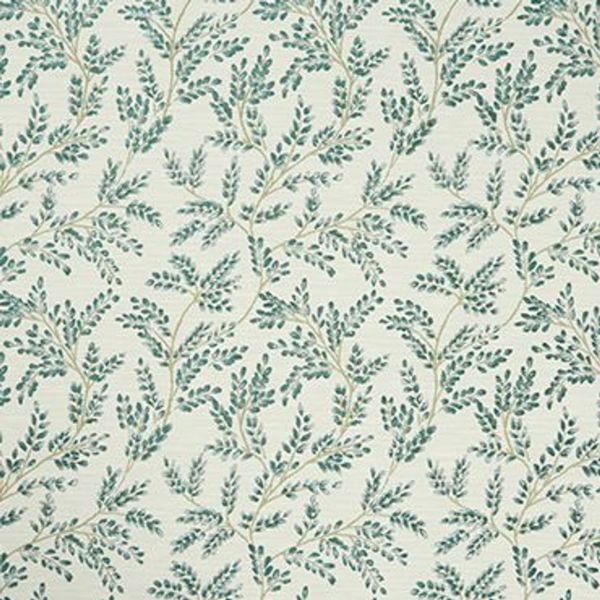 Cream wallpaper patterned with repeating teal leafy vine motifs, decorating and covering a wall; subtle texture and soft, evenly lit interior context suggesting a classic, botanical room décor.