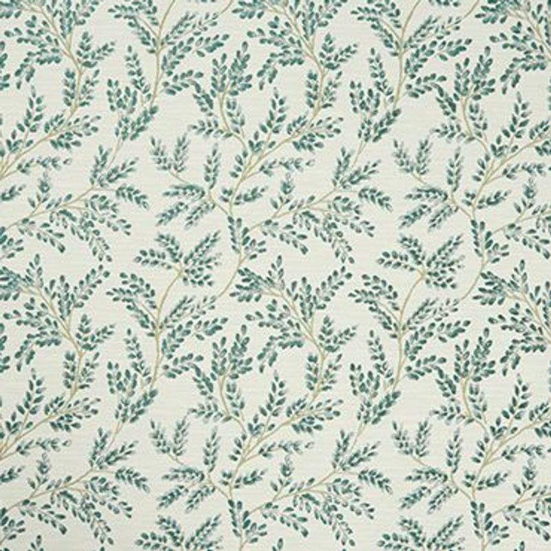 Cream wallpaper patterned with repeating teal leafy vine motifs, decorating and covering a wall; subtle texture and soft, evenly lit interior context suggesting a classic, botanical room dÃ©cor.
