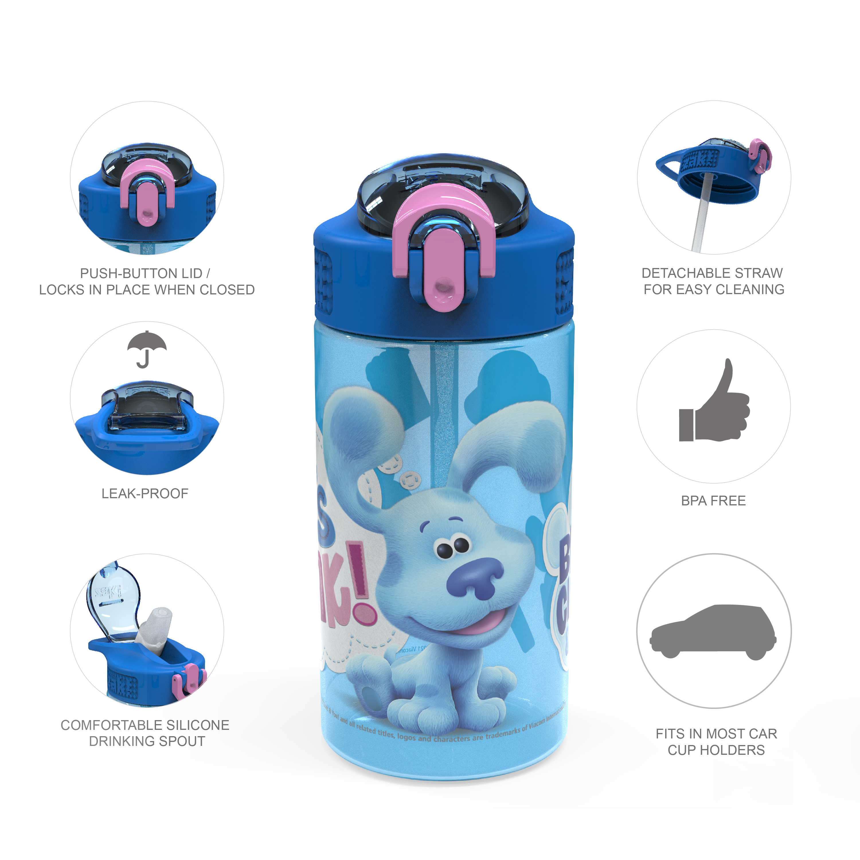 Blues Clues and You 16 ounce Reusable Plastic Water Bottle with Straw, Blue and Friends, 2-piece set slideshow image 7
