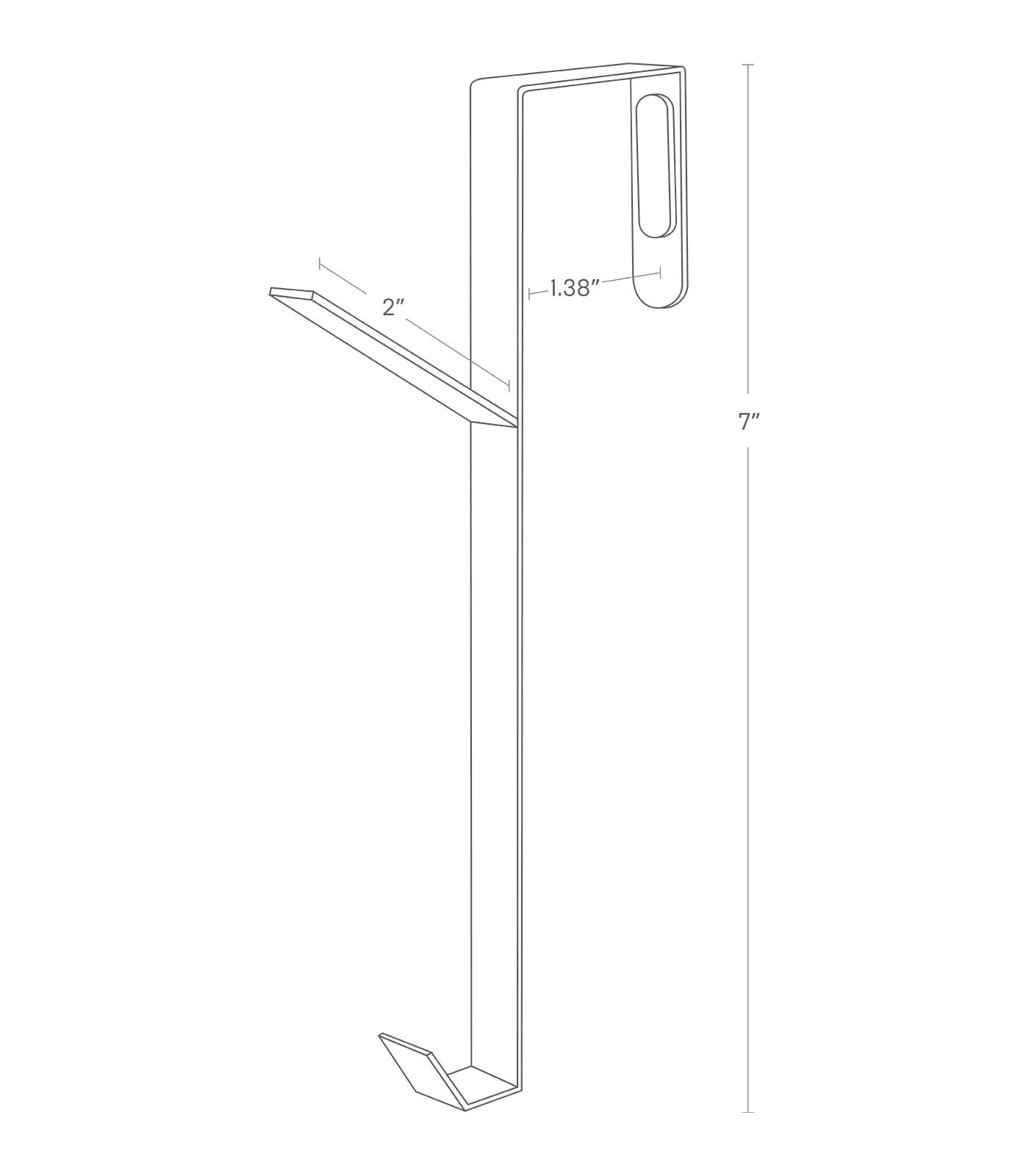 Image dimensionnelle pour le crochet de porte sur un fond blanc montrant une hauteur de 7 ", une longueur du crochet supérieur de 2 " et un espacement du crochet de suspension de 1,38 ".