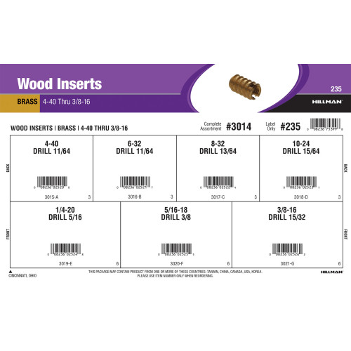 Brass-plated Wood Inserts Assortment (#4-40 thru 3/8