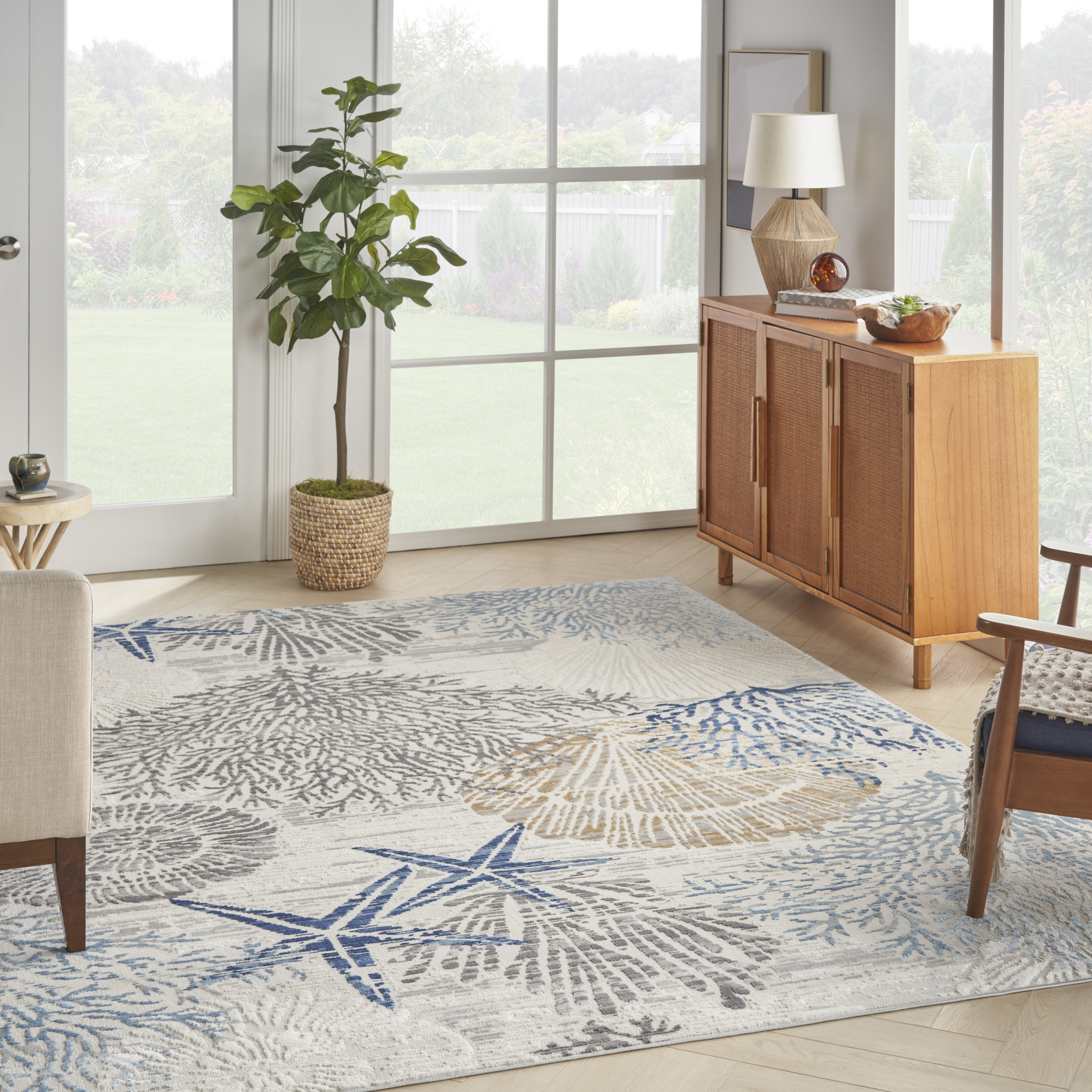 Nourison Seaside 7'10" x 9'10" Ivory Grey Blue Coastal, Nautical & Beach Indoor Rug