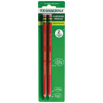 Ticonderoga Erasable Checking Wood-Cased Pencils, Pre-Sharpened, Red, 2 Count