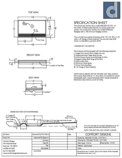 Technical Drawing — Cd Shower Base Spec Sheet Ssb 6030 Tr Col 1 0 Ff Easy Base Pan