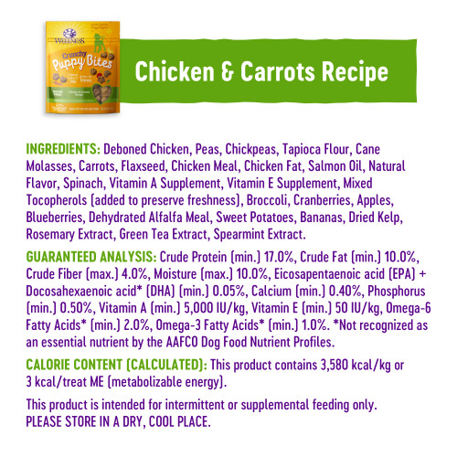 <p>Deboned Chicken, Peas, Chickpeas,  Tapioca Flour, Cane Molasses, Carrots, Flaxseed, Chicken Meal, Chicken Fat (preserved with Mixed Tocopherols), Salmon Oil, Natural Flavor, Spinach, Vitamin A Supplement, Vitamin E Supplement, Mixed Tocopherols added to preserve freshness, Broccoli, Cranberries, Apples, Blueberries, Dehydrated Alfalfa Meal, Sweet Potatoes, Bananas, Dried Kelp, Rosemary Extract, Green Tea Extract, Spearmint Extract.</p>
