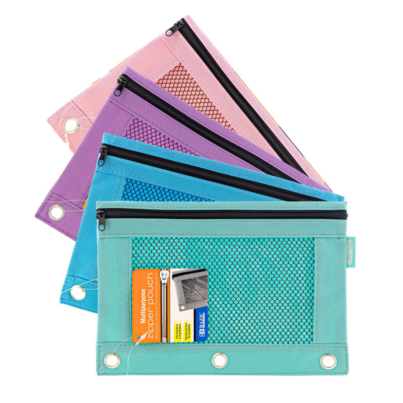 3-Ring Pencil Pouch with Mesh Window, Retro Pastel Colors, Pack of 4
