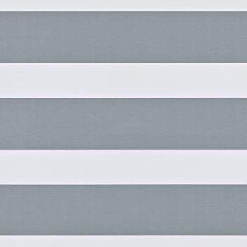 White horizontal zebra-blind bands alternating with semi-transparent gray herringbone mesh, aligned to form opaque stripes, filtering soft daylight in a neutral, close-up interior view.