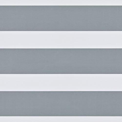 White horizontal zebra-blind bands alternating with semi-transparent gray herringbone mesh, aligned to form opaque stripes, filtering soft daylight in a neutral, close-up interior view.