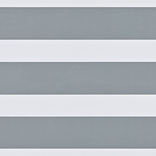 White horizontal zebra-blind bands alternating with semi-transparent gray herringbone mesh, aligned to form opaque stripes, filtering soft daylight in a neutral, close-up interior view.