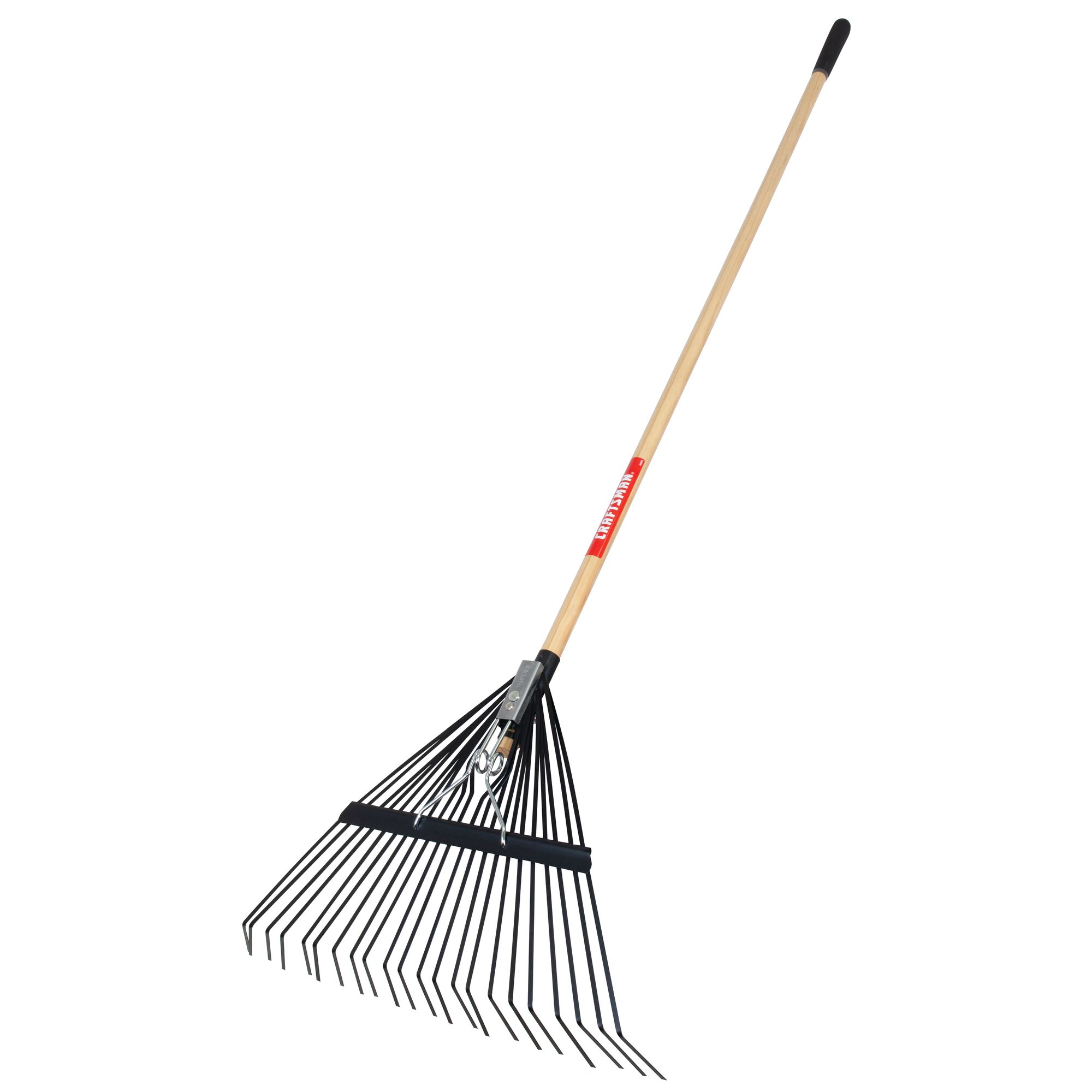 Right profile of 22 inch tine wood handle lawn rake.