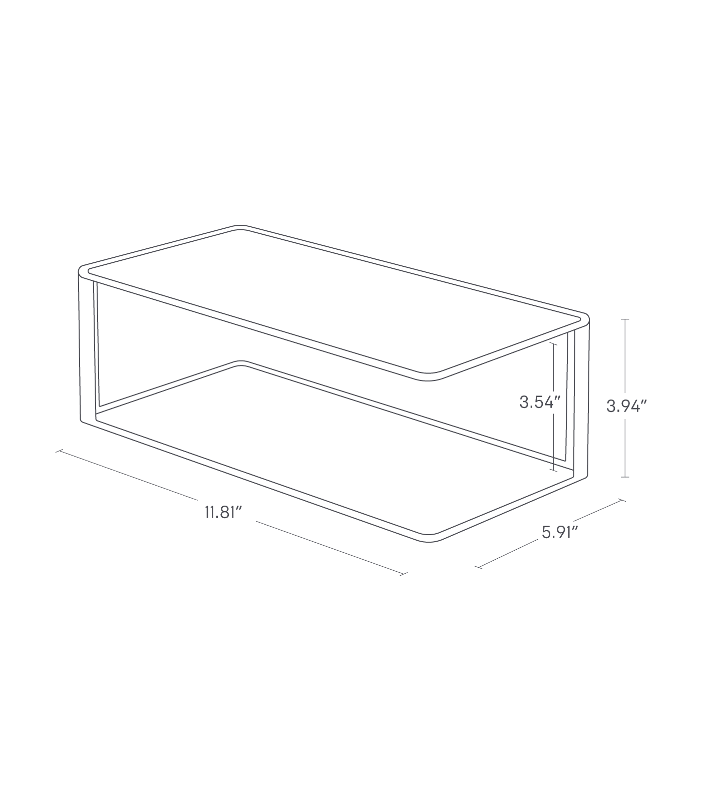 Dimension Image for Two-Tier Cabinet Organizer on a white background showing a total height of 3.94 inches, internal height of 3.54 inches, width of 11.81 inches, and length of 5.91 inches.