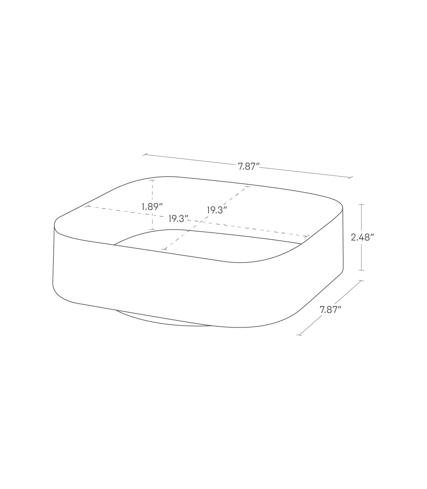Dimension image for Rotating Storage Tray howing dimensions: 19.3 inches in length, 7.87 inches in width, and 2.48 inches in height. The internal depth is noted as 1.89 inches.